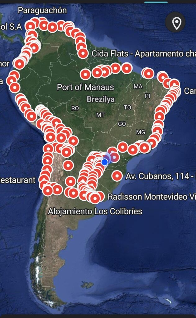 Mapa del viaje por América Latina - Dos corazones sobre ruedas
