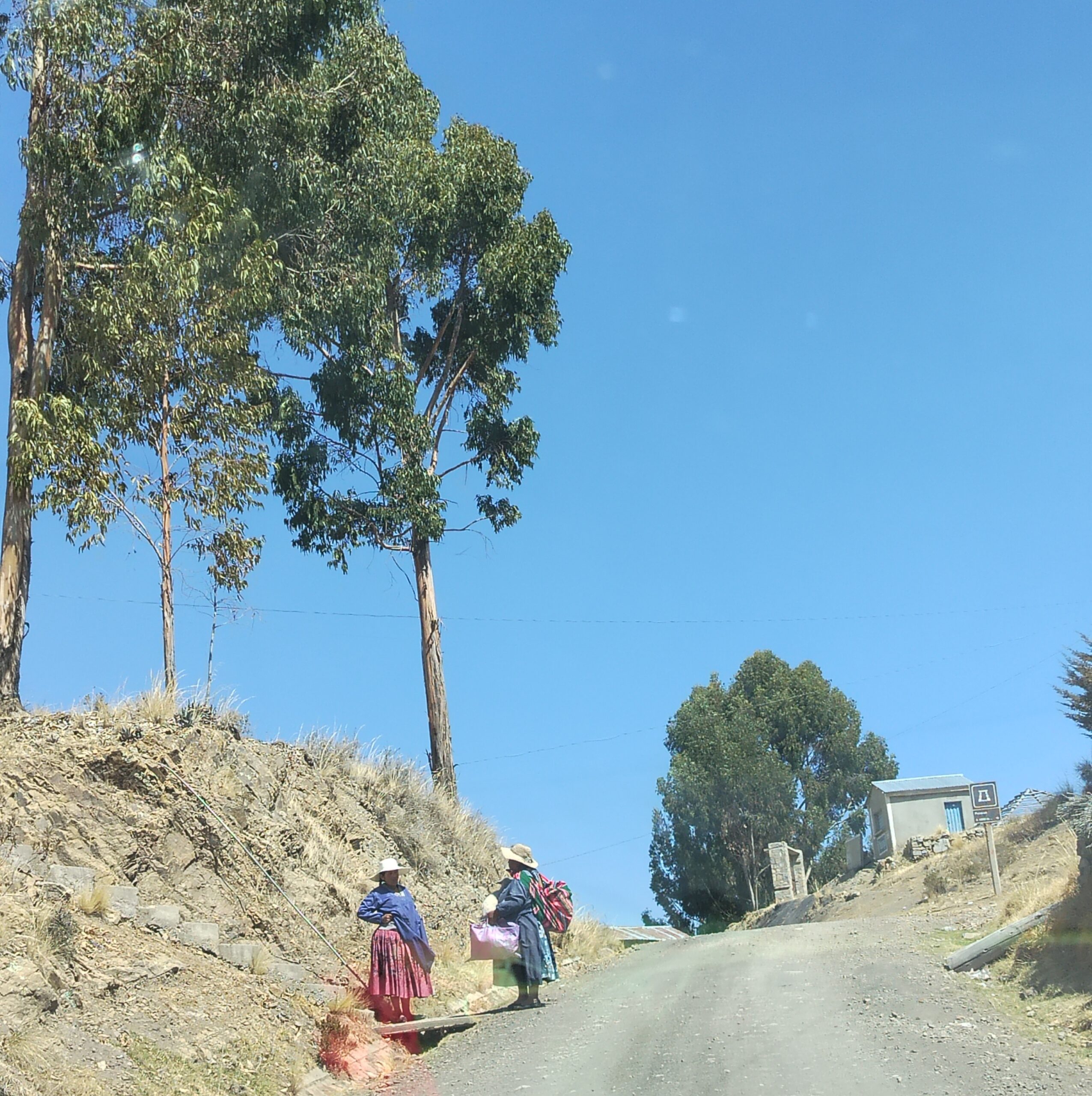 Mujeres aimaras cargando peso en la colina